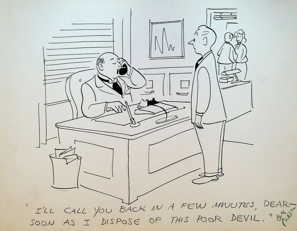 Original Comic Art Gag Cartoon Boss Getting Rid of Employee at Desk