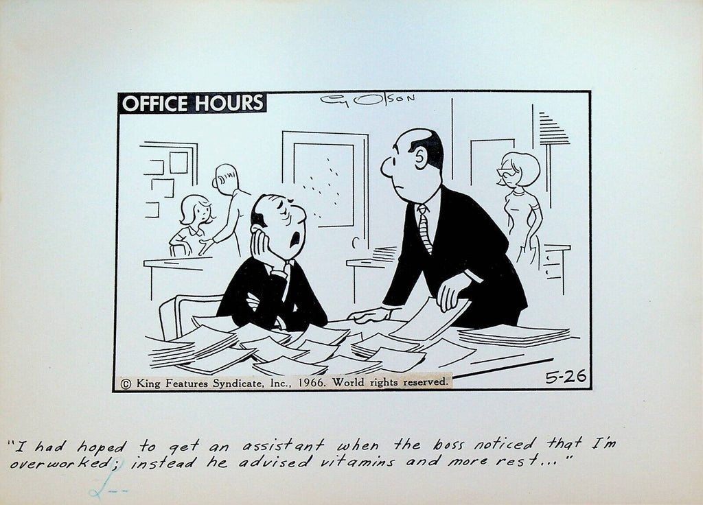 Office Hours by Cy Olson Original Comic Strip Art May 26 1966 Overworked