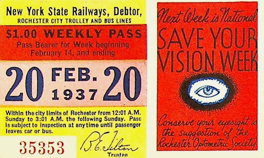 Rochester City Trolley & Bus Lines Pass February 20 1937 Save Your Vision Week