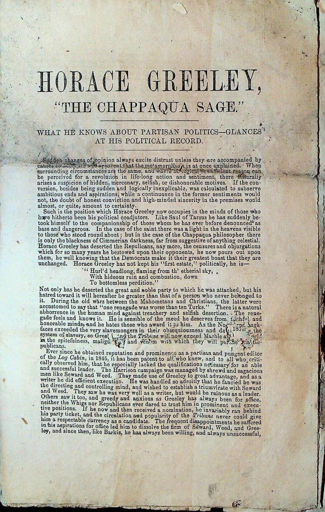 Horace Greeley the Chappaqua Sage 1870s Booklet Glances at His Political Record