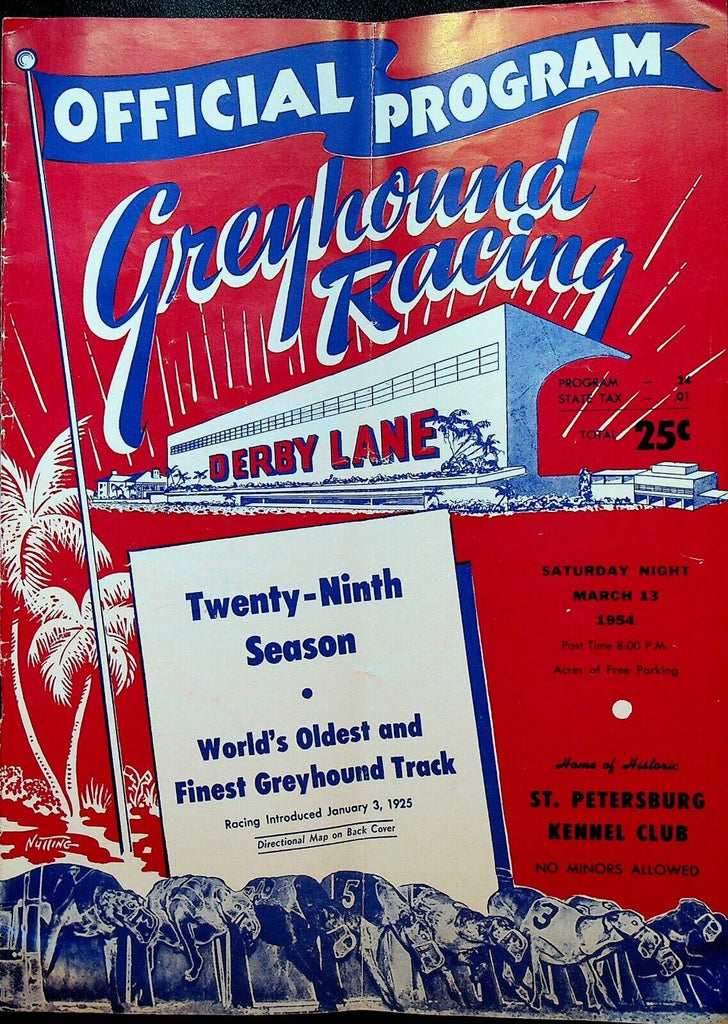 Derby Lane Greyhound Racing Program March 13 1954 St Petersburg Kennel Club Fla