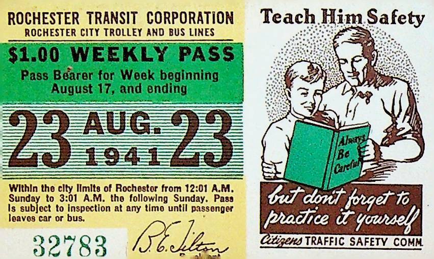 Rochester City Trolley & Bus Lines Pass August 23 1941 Traffic Safety