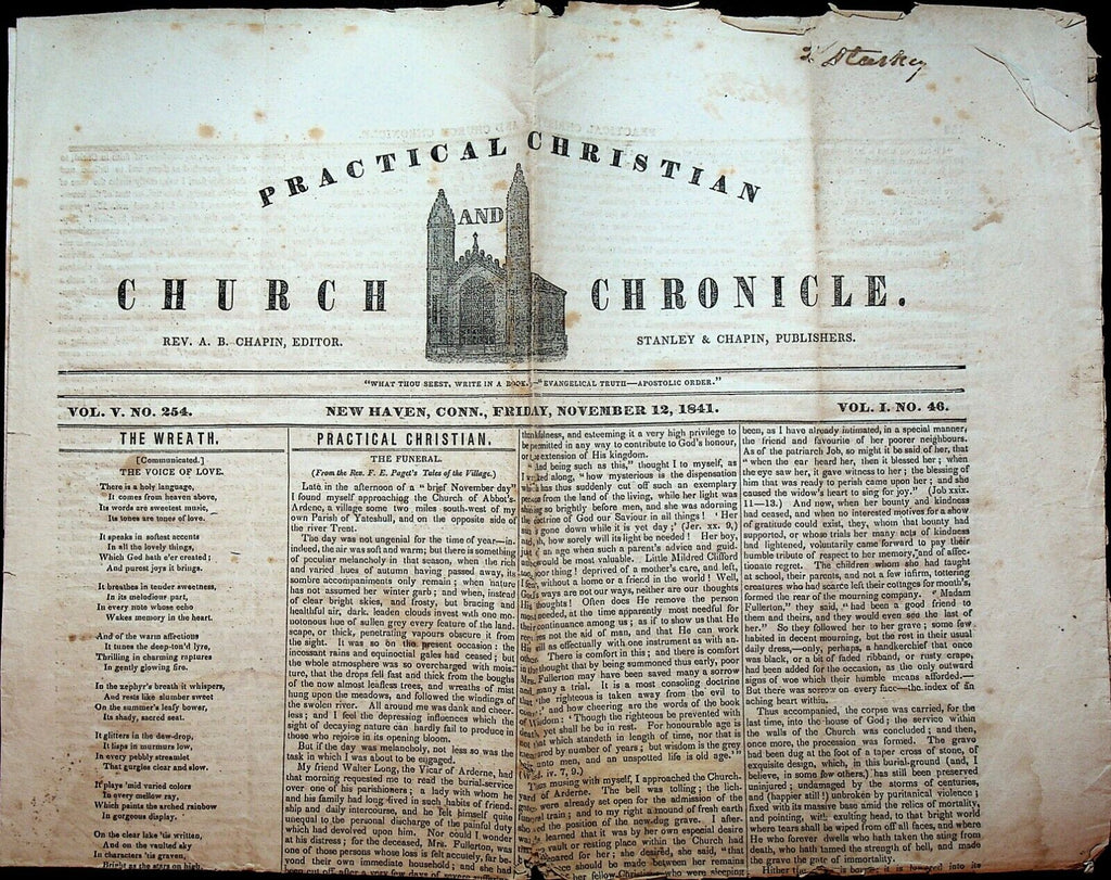 Practical Christian & Church Chronicle November 12 1841 Episcopal Rev AB Chapin