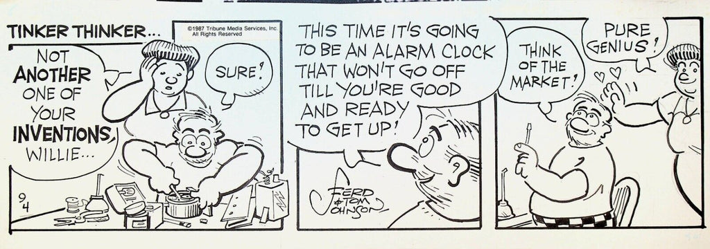 Moon Mullins Original Comic Strip Art Ferd & Tom Johnson September 4 1987 Alarm