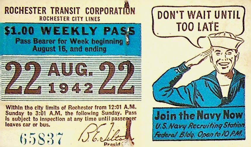Rochester City Trolley & Bus Lines Pass August 22 1942 Join the Navy WWII