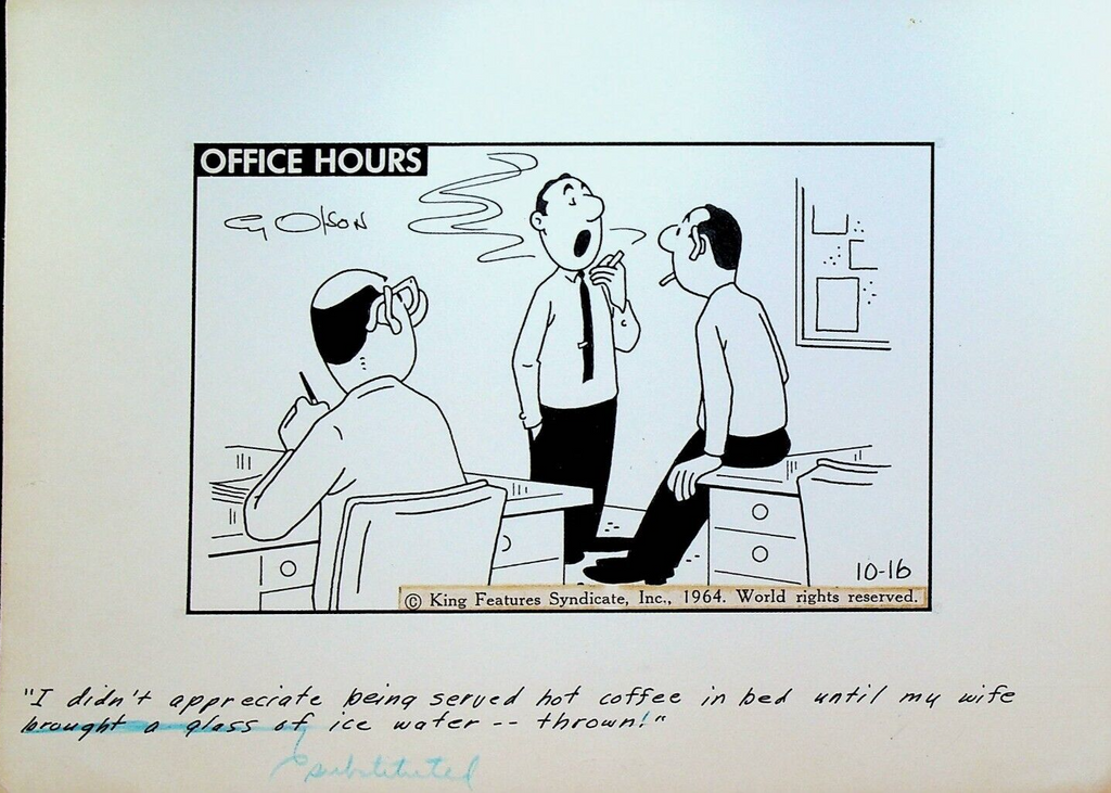 Office Hours by Cy Olson Original Comic Strip Art October 16 1964 Angry Wife