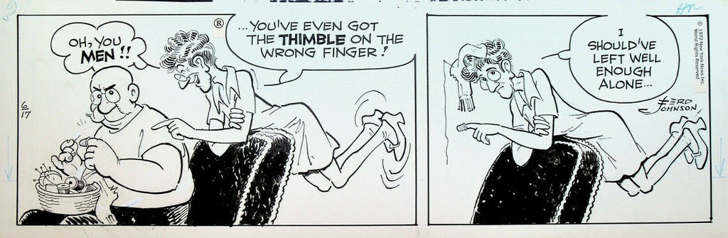 Moon Mullins Original Comic Strip Art Ferd Johnson June 17 1972 Sewing Thimble