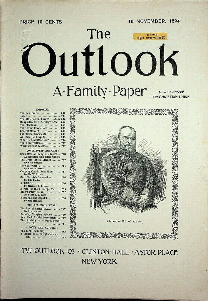 Outlook November 10 1894 Czar Alexander III Hungarian Civil Marriage Law
