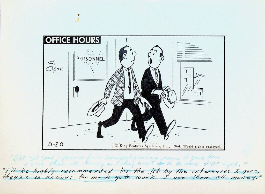 Office Hours by Cy Olson Original Comic Strip Art October 20 1964 Personnel