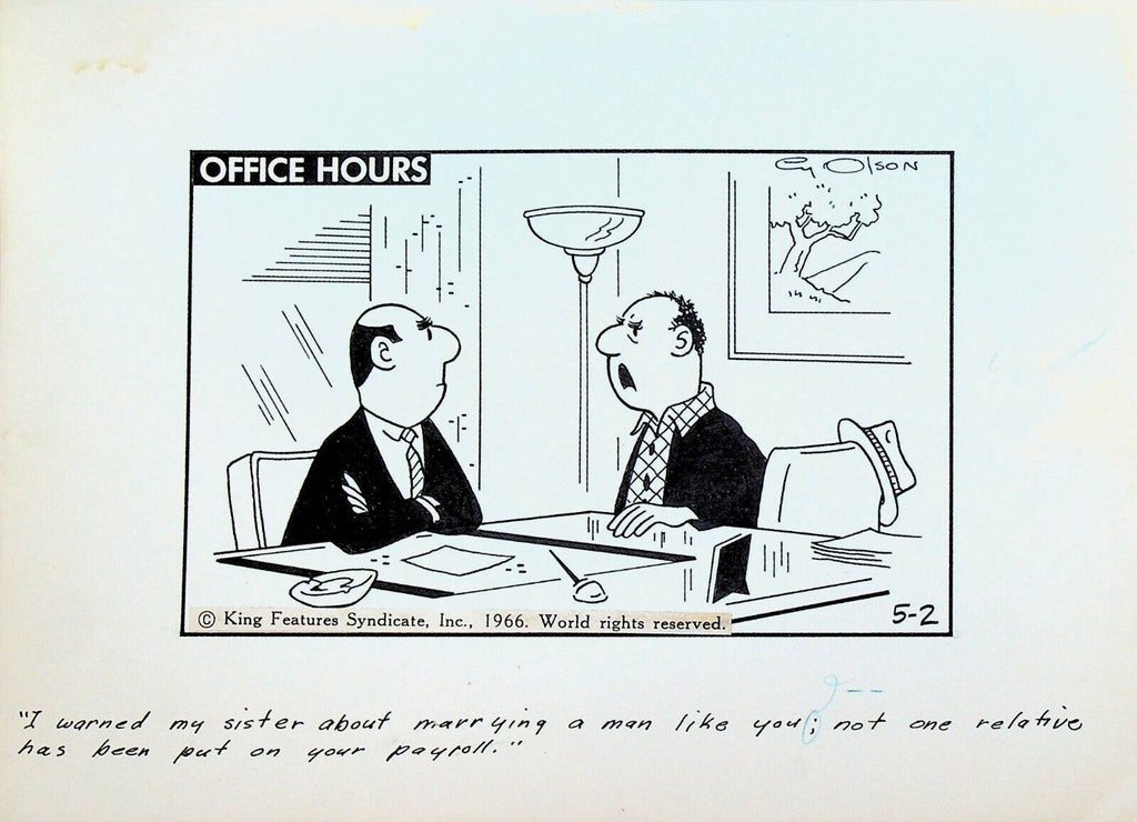 Office Hours by Cy Olson Original Comic Strip Art May 2 1966 Nepotism