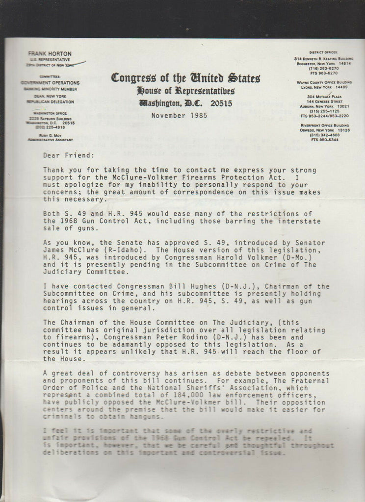 McClure-Volkmer Firearms Protection Act 1985 Frank Horton Representative Letter