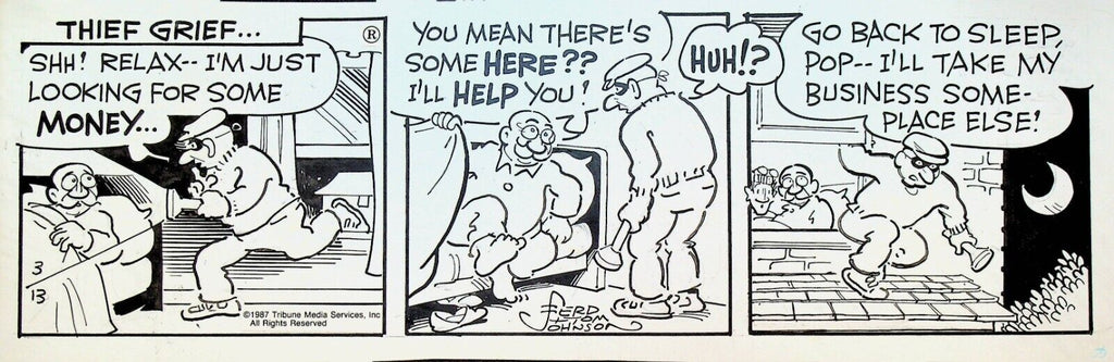 Moon Mullins Original Comic Strip Art Ferd & Tom Johnson March 13 1987 Burglar
