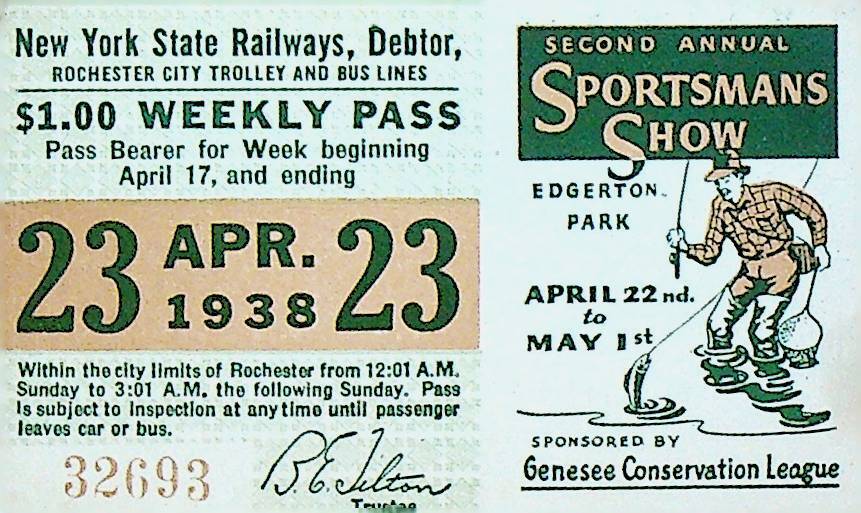 Rochester City Trolley & Bus Lines Pass April 23 1938 Sportsman Show