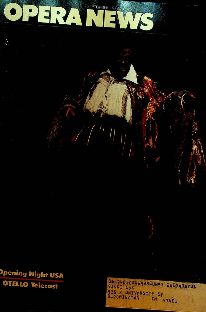 Opera News Magazine September 1978 Jon Vickers Otto Schenk Ermanno Mauro