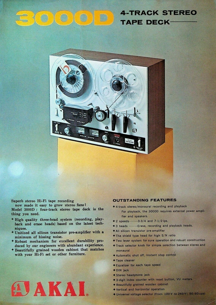 Akai 3000D 4-Track Stereo Tape Deck Ad Sheet 1970s
