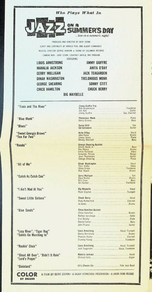 Jazz On A Summer's Day 1959 Movie Ad Song Sheet Louis Armstrong