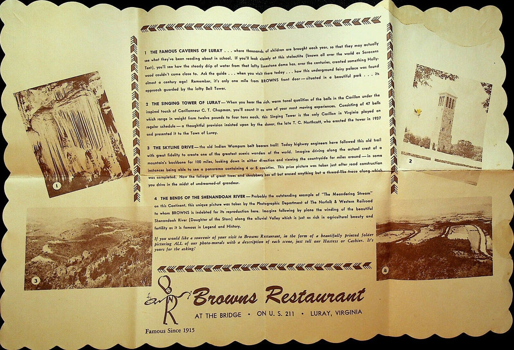 Browns Restaurant Paper Placemat Luray Virginia at the Bridge 1960s