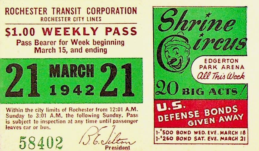 Rochester City Trolley & Bus Lines Pass March 21 1942 Shrine Circus