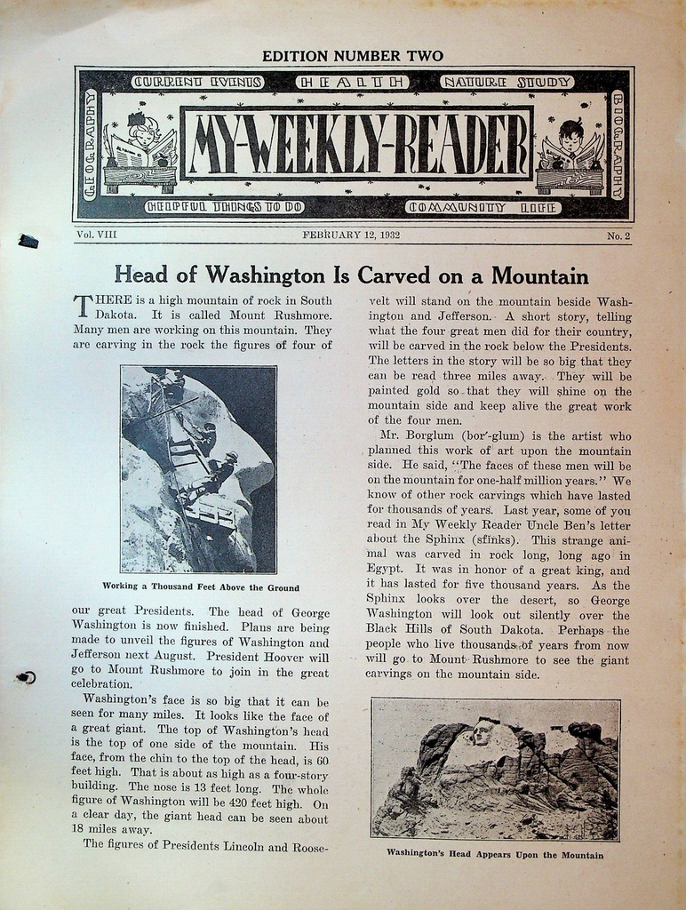 My Weekly Reader Magazine February 12 1932 Mount Rushmore George Washington
