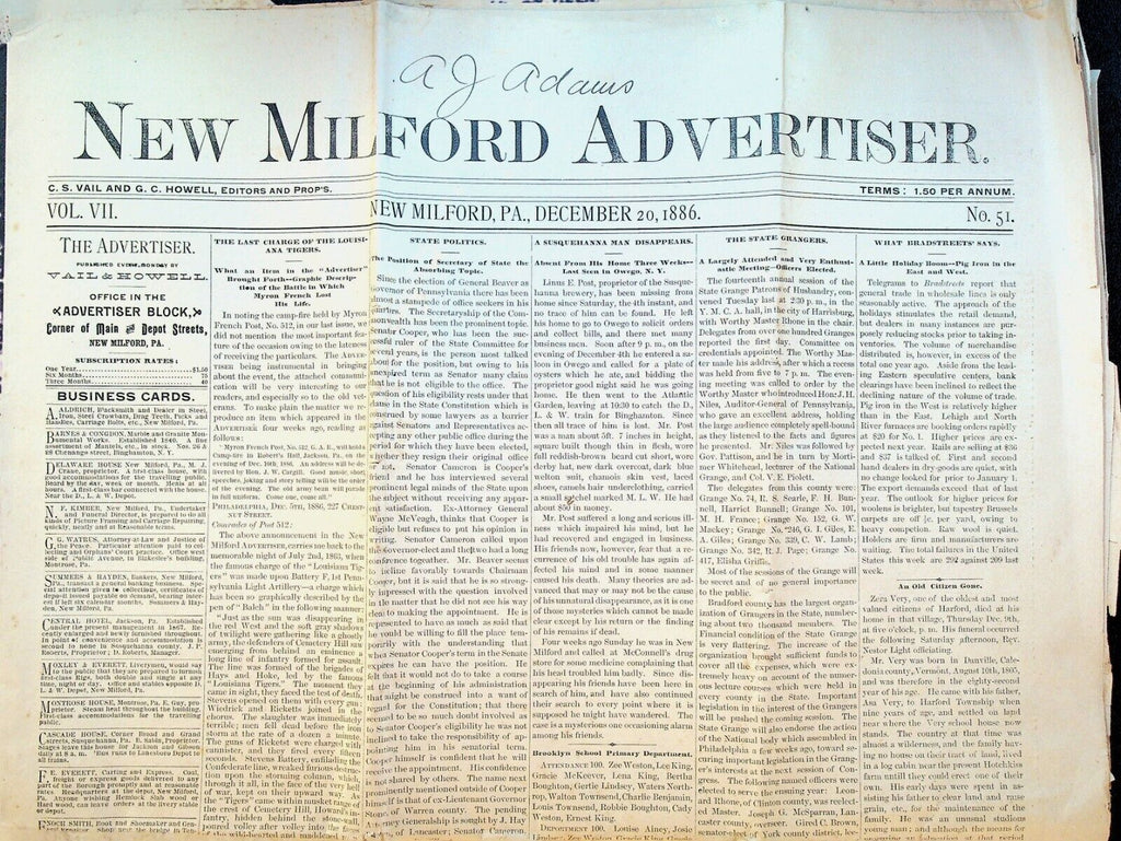New Milford Pa Advertiser Newspaper December 20 1886 Baseball News