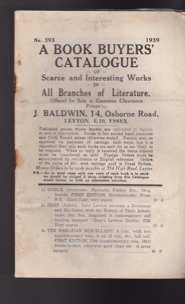 J Baldwin Book Buyers Catalogue #393 1939 Literature