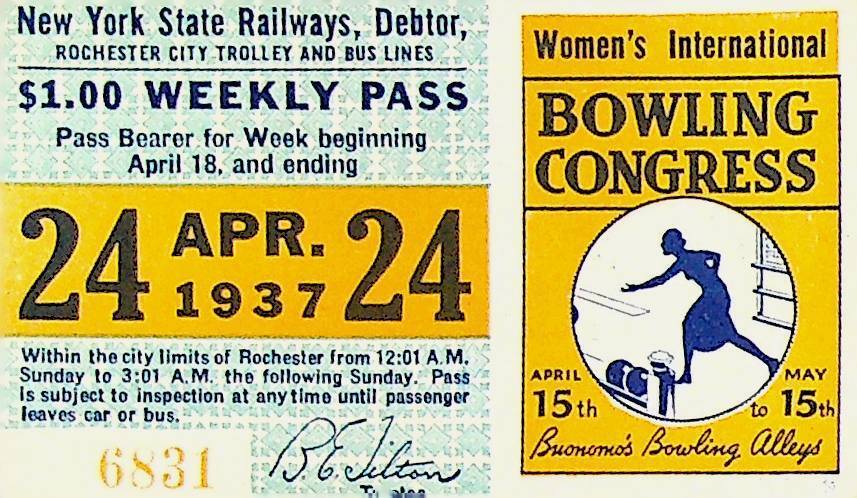 Rochester City Trolley & Bus Lines Pass April 24 1937 Women's Bowling Congress