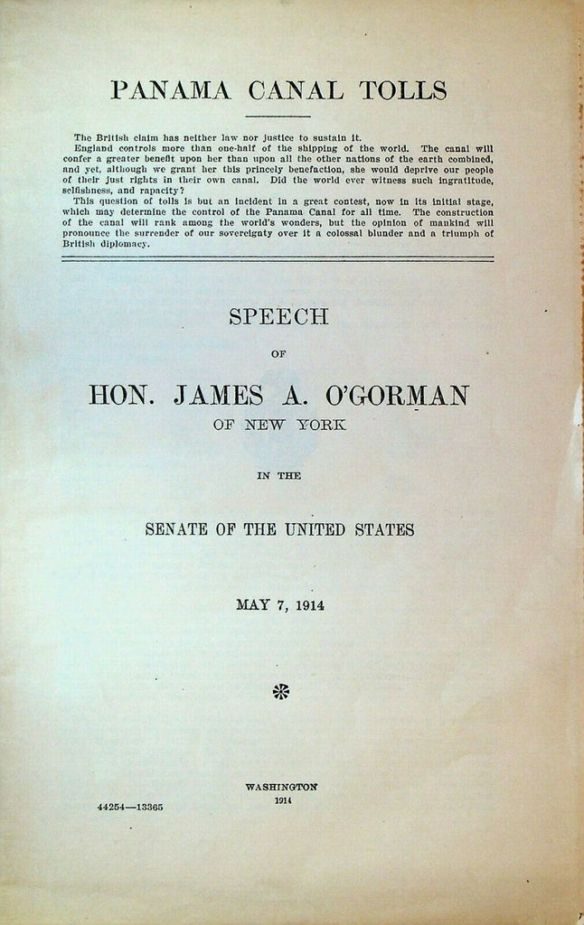 Panama Canal Tolls Speech of James A O'Gorman Senate May 7 1914