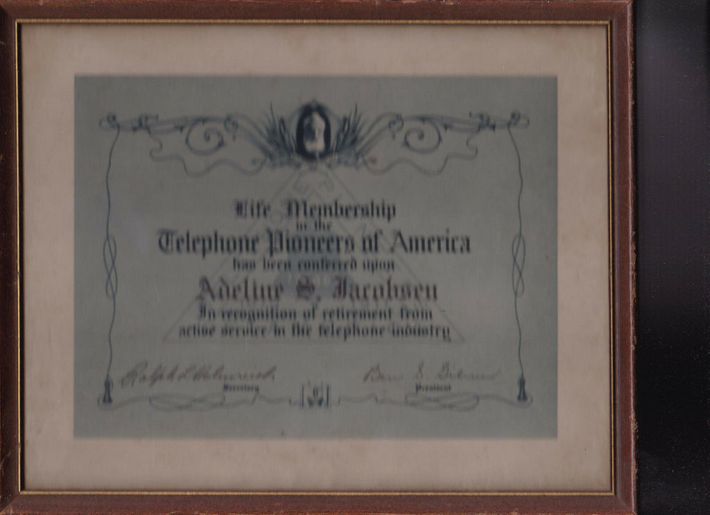 Telephone Pioneers of America Life Membership Framed Certificate