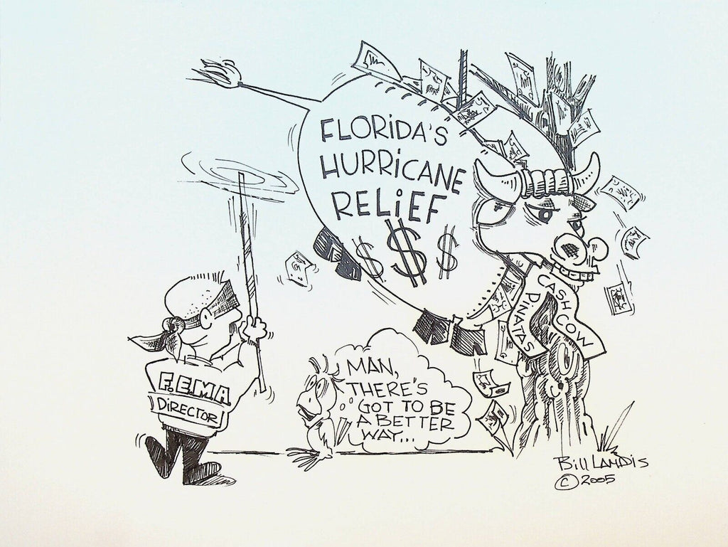 Bill Landis Original Cartoon Art The Villages Daily Sun 2005 Hurricane Relief