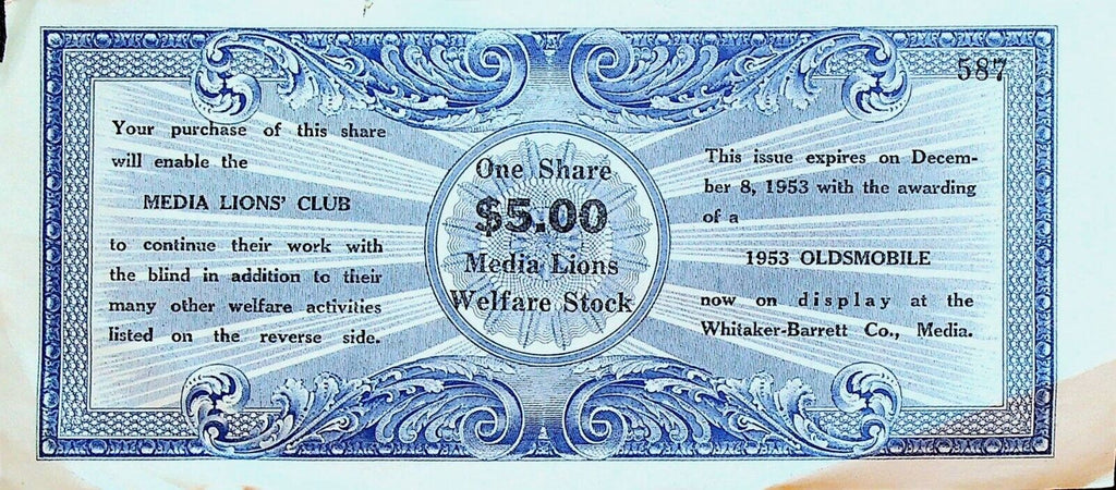 Media Pennsylvania Lions Club 1953 Welfare Stock Certificate