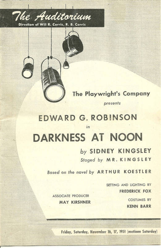 Darkness at Noon 1951 Program EDWARD G ROBINSON Rochester NY