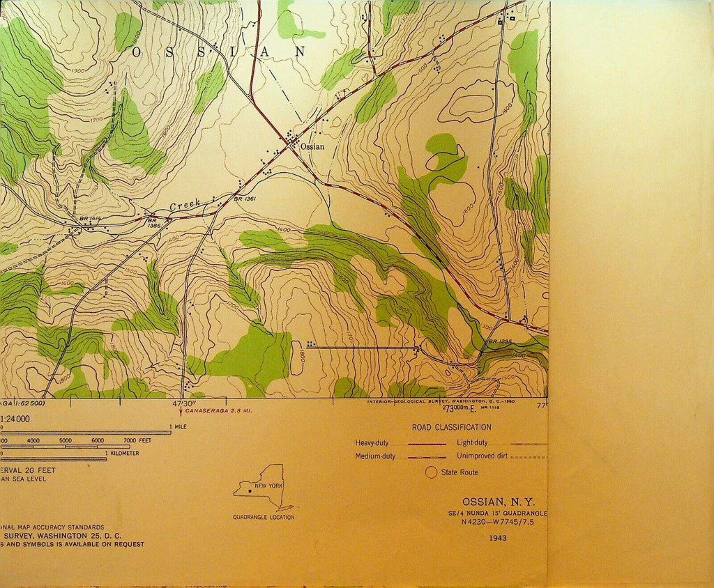 Ossian NY Quadrangle Geological Survey Topographical Map 1943