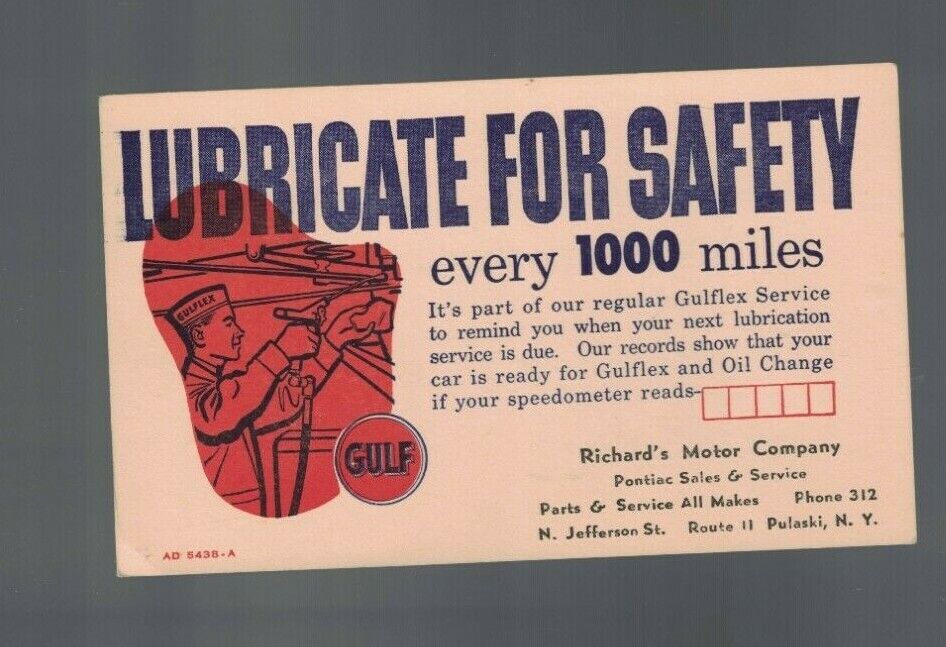 Gulf Oil Lubricate for Safety Every 1000 Miles Ad Card Pulaski NY