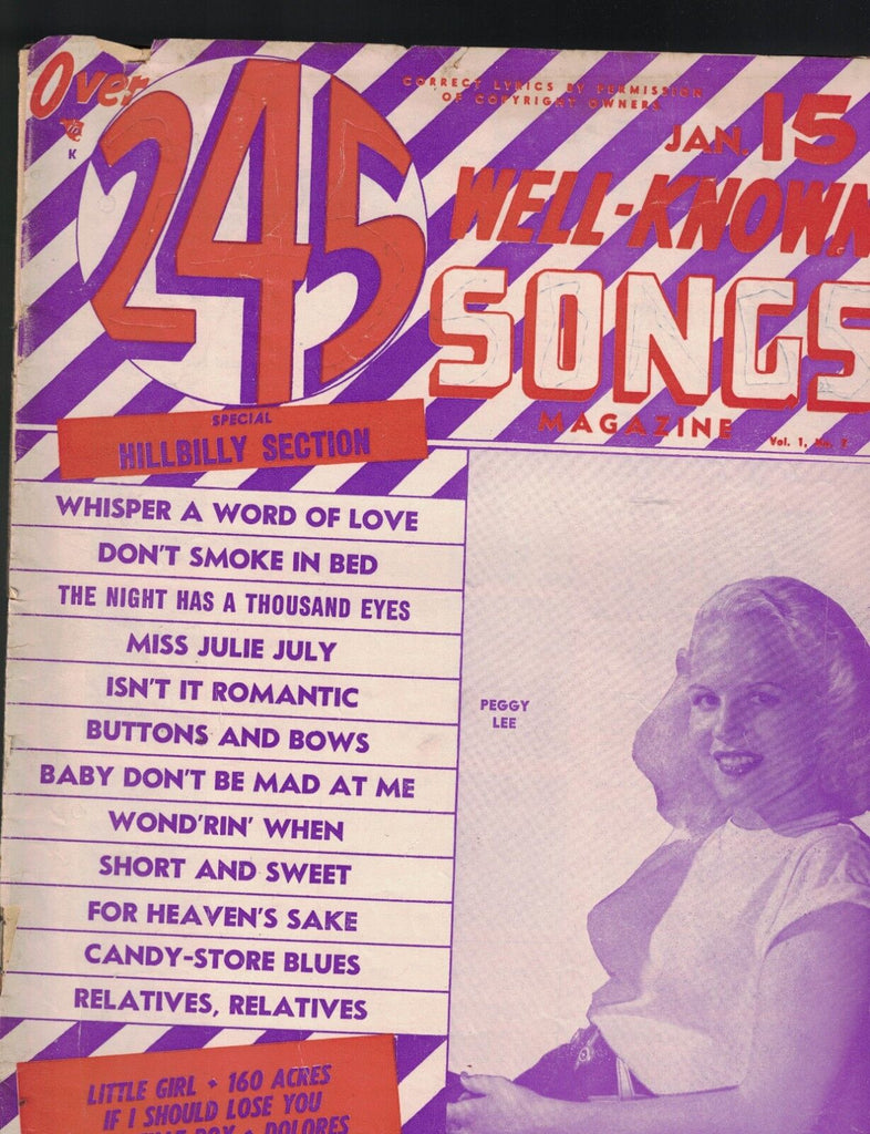 Over 245 Well-Known Songs Magazine January 1949 Peggy Lee Hillbilly Section