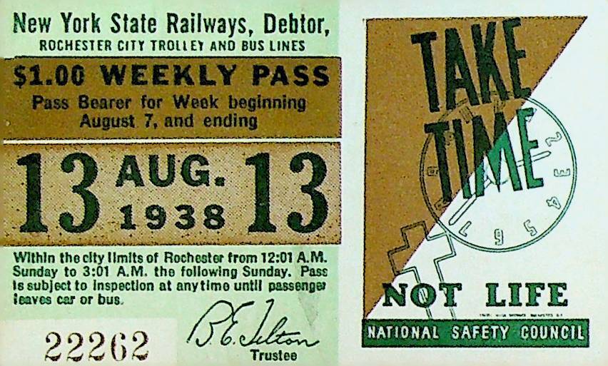 Rochester City Trolley & Bus Lines Pass August 13 1938 National Safety Council