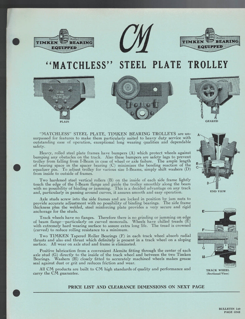 CM Matchless Steel Plate Trolley Chisholm Moore Hoist 1940s Tonawanda NY