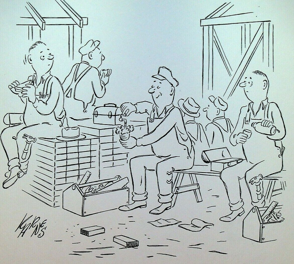 Construction Worker Drinking Beer From Lunchbox Gag Original Art Harley Karnes