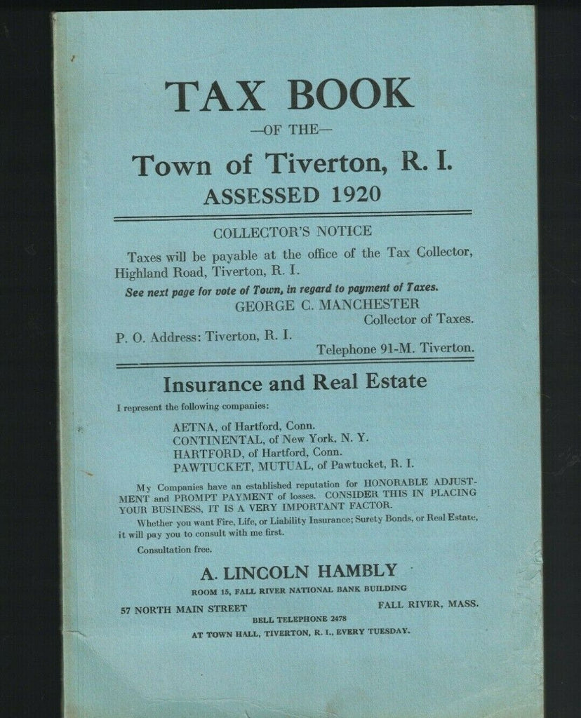 Tax Book of the Town of Tiverton Rhode Island Assessed 1920