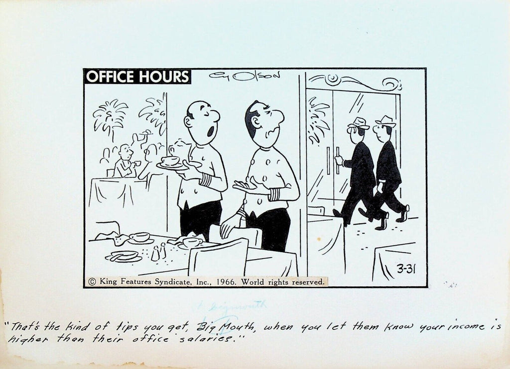 Office Hours by Cy Olson Original Comic Strip Art March 31 1966 Waiter No Tip