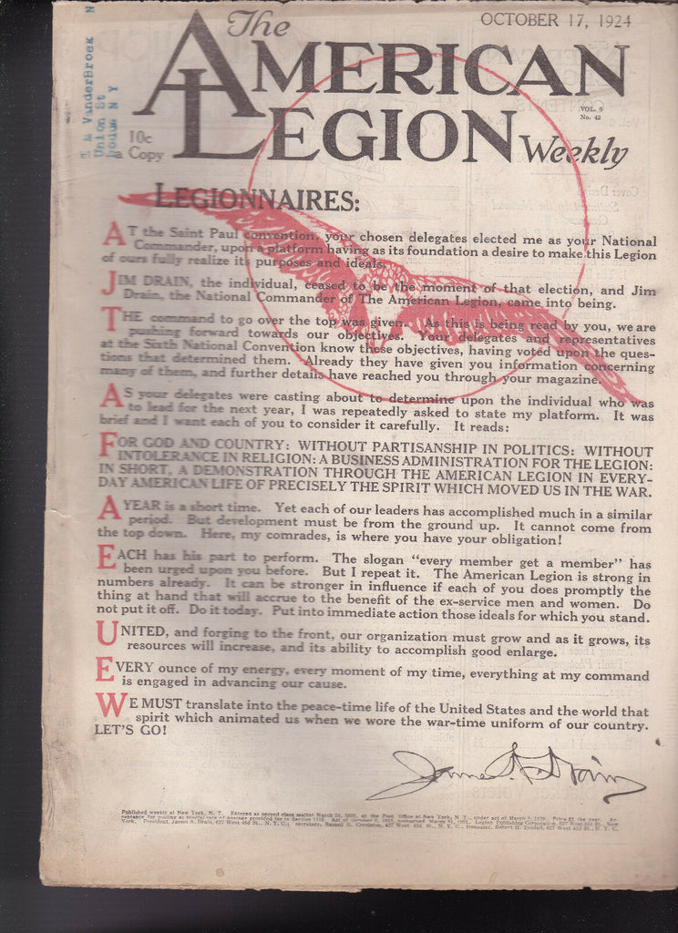 American Legion Magazine National Commander Letter Cover  October 17 1924