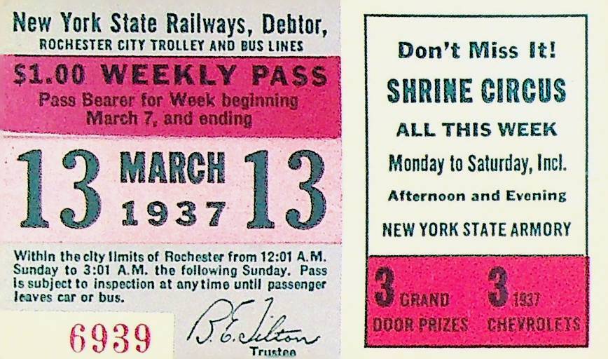 Rochester City Trolley & Bus Lines Pass March 13 1937 Shrine Circus