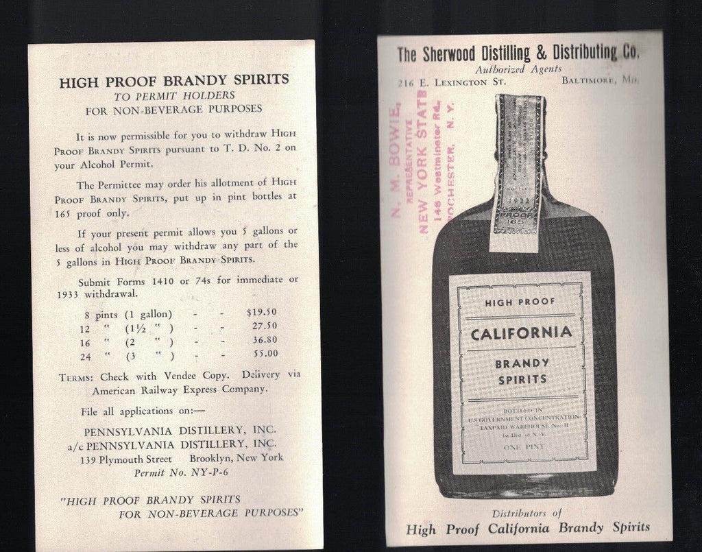 Sherwood Distilling & Distributing Co California Brandy Spirits Ad Sheet