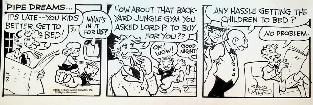 Moon Mullins Original Comic Strip Art Ferd & Tom Johnson December 8 1987 Bedtime