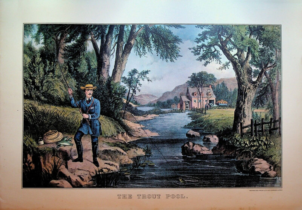 Currier & Ives Calendar Topper 1966 The Trout Pool Fishing