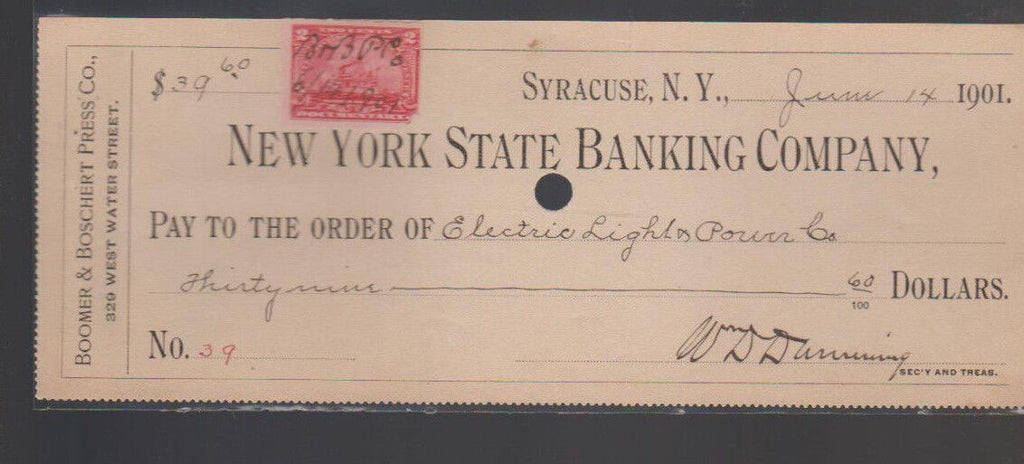 New York State Banking Company Syracuse Used Check 1901 w Revenue Stamp