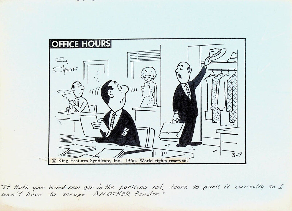 Office Hours by Cy Olson Original Comic Strip Art March 7 1966 Fender Bender