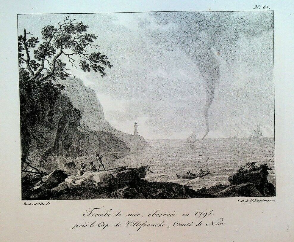Godefroy Engelmann Lithograph 1820s Waterspout near Nice Cap de Villefranche #81