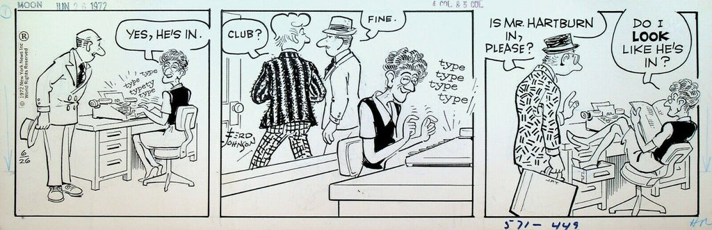 Moon Mullins Original Comic Strip Art Ferd Johnson June 26 1972 Secretary