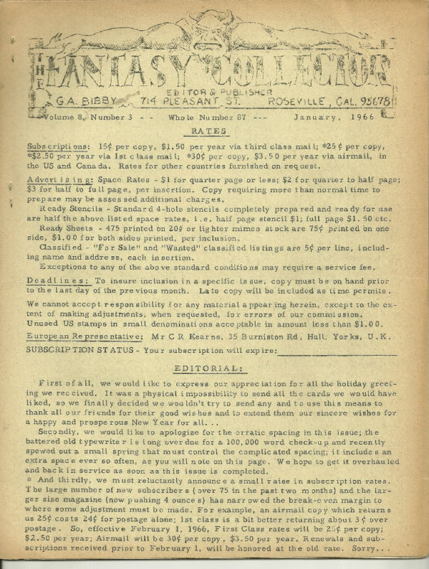 Fantasy Collector #87 January 1966 GA Bibby Fanzine Science Fiction