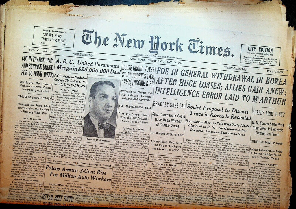 The New York Times May 24 1951 Korean War ABC Paramount Israel Jordan